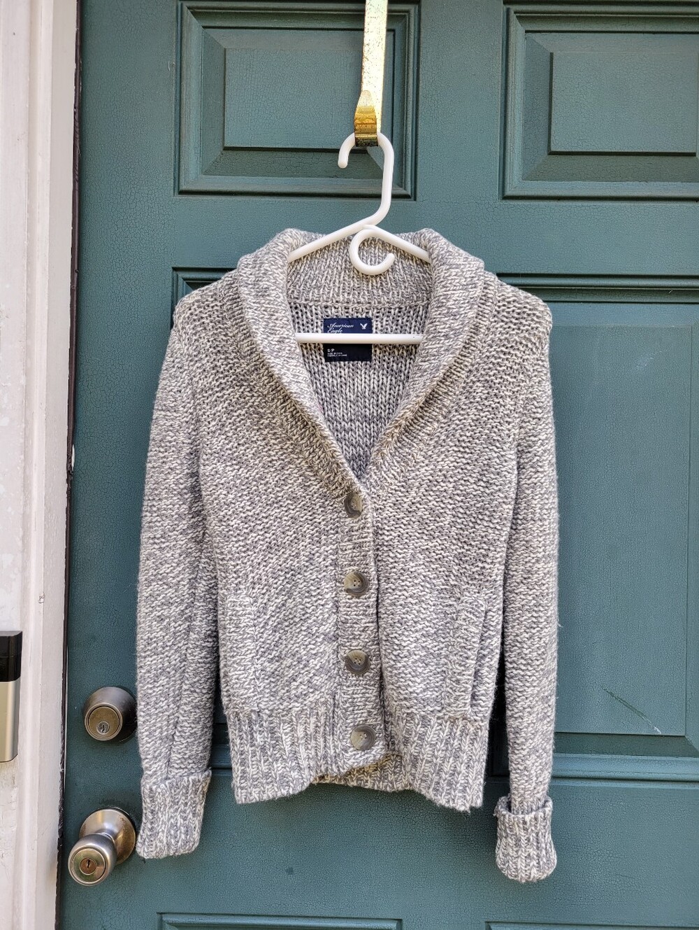 American Eagle Women's S Chunky Shawl Collar Cardigan Gray Marled Wool Blend